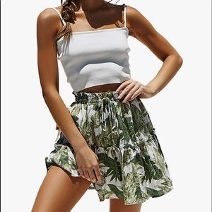 Relipop Floral Flared Skirt Polka Dot Pleated Mini Skirt with Drawstring